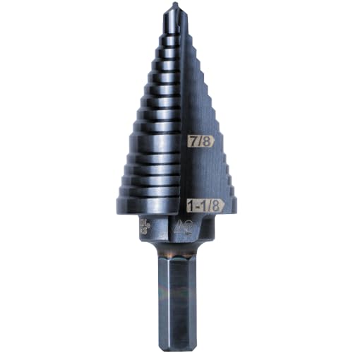 Klein Tools KTSB11 Step Drill Bit #11 Double-Fluted 7/8 to 1-1/8-Inch with Easy-to-Read Markings and Targets, 3/8-Inch Hex Shank - size: 7/8 to 1-1/8-Inch, style: Standard