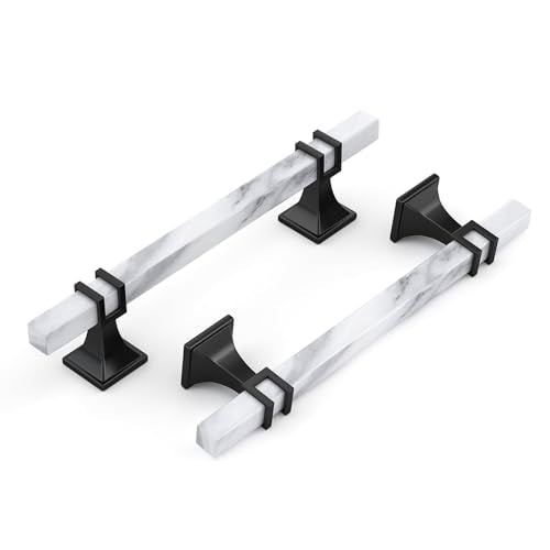 10 Pack 5 Inch White Marble Cabinet Pulls, Black Cabinet Handles Marble Grain and Black Pulls, Kitchen Cabinet Handles Square Dresser Drawer Pulls Kitchen Hardware - color: White Marble & Black, size: 5 inch (128mm) Hole Center Pull