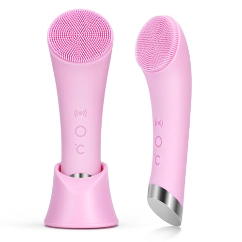 PRITECH Facial Cleansing Brush, Rechargeable Silicone Face Scrubber with Heat Massage End, Vibrating Exfoliator Scrubber for Deep Cleaning, Waterproof Face Brush for Women and Men (Pink) - color: Pink