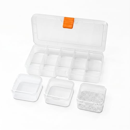 10 Grids Bead Organizer with Adjustable Dividers, 1.10"x1.29" Each Grid, Plus 3 Mini Storage Box for Jewelry, Fishing Hooks, Art Craft, Office Supplies - color: Clear-S