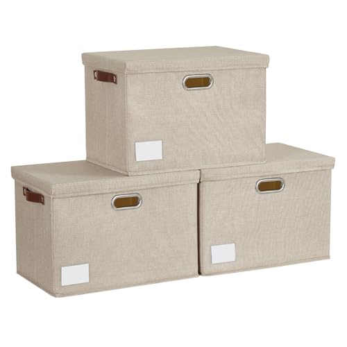 15" Fabric Storage Box with Lids, 3-Pack, Khaki - color: khaki, size: Medium-15"