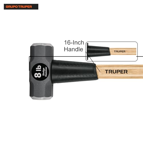 Truper 8 lb Sledge Hammer, 16-Inch American Hickory Wood Handle, Double-Faced Forged Steel Head, Heavy-Duty Compact Demolition and Construction Tool (Model MD-8H-16/33187) - size: 8-Pound Sledge Hammer, style: Hickory Handle