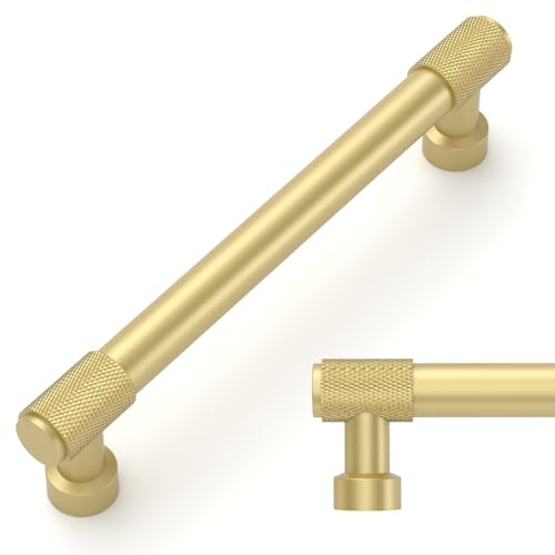 Amerdeco 10 Pack Brushed Gold Knurled Cabinet Pulls 5 Inch(128mm) Hole Center Kitchen Cabinet Handles Drawer Pulls Cabinet Hardware ZH0034 - color: Brushed Gold, size: 5"/128MM Hole Center