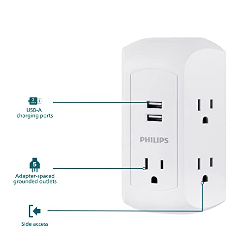 Philips 5-Outlet Extender, Grounded Wall Tap, 3-Prong, 2 USB-A, Surge Protector, Adapter Spaced Outlets, Side Access, 560 Joules, Quick and Easy Install, White, SPS5002WA/37 (Pack of 8) - size: 8 Pack, style: 5 Outlet | 2 USB-A | Surge