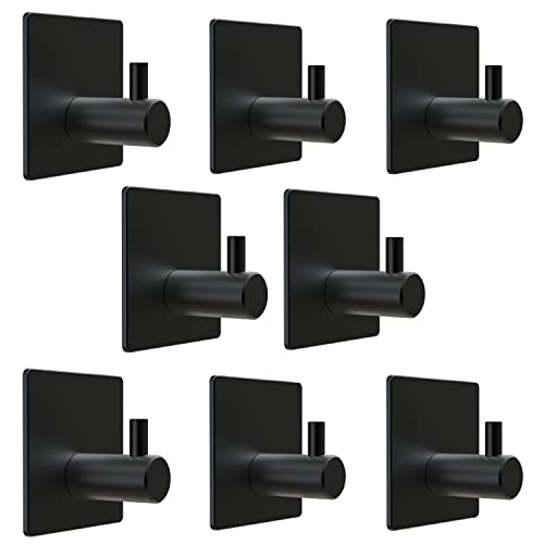 Matte Black Self Adhesive Towel Hooks for Bathroom Wall Door Mounted - SUS304 Stainless Steel Strong Strips Stick on 3/M Wall Hooks for Hanging Coat, Hat, Bag, Key, Jacket – 8 Pack