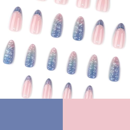 Almond Press On Nails Medium, 24PCS Iridescent 3D Mermaid Scale Acrylic Fake Nails, Gradient Pink Purple Stick On Nails for Women, Reusable Glossy False Nails for Party, Wedding - color: 31-Pine cone gradient