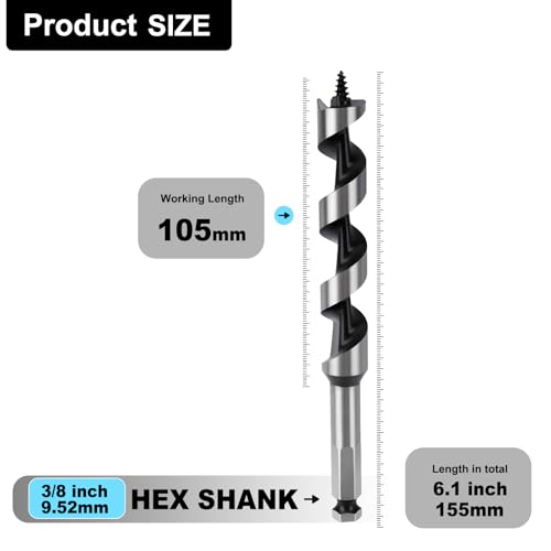1/2" X 6.1" Auger Bit for Wood, 13x155mm Hex Long Auger Drill Bit - size: 1/2" (13mm)diameter, style: 6.1 inch / 155mm Length