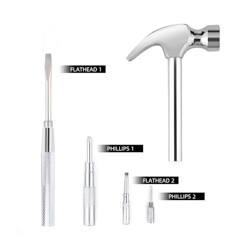 Mini Metal Hammer 6 in 1 with Slotted/Flat Head Phillips Screwdriver Claw Hammer Manual, Portable Multifunction Tool Hammer (Silver) - color: Silver