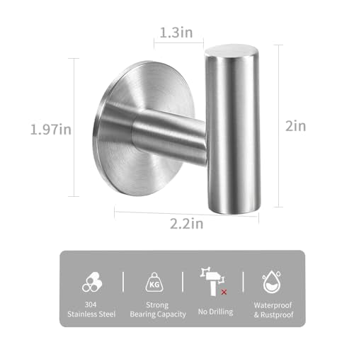 Vuzvuv Brushed Nickel Self Adhesive Stainless Steel Towel Hooks (2-Pack) | SUS304, Self-Adhesive, Heavy Duty, Waterproof, Coat Robe Hook for Bathroom, Kitchen, Hotel - color: Silver-2 Pcs