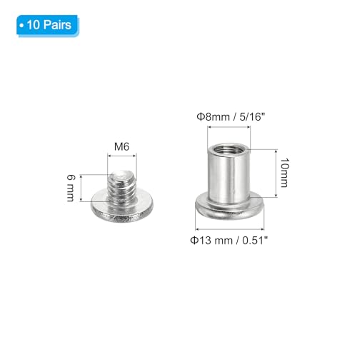 PATIKIL Hex Chicago Screws, 10 Set Binding Screw Posts M6 x 10 mm Connecting Hex Drive Socket Cap Bolt Nuts for Scrapbook Leather Belt Album Photo Furniture Repair, Silver - size: M6 x 10