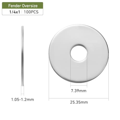 100PCS 1/4" x1" Fender Washers, 304 Stainless Steel 18-8, 1/4" ID x 1" OD Hardware Flat Washers for Screws Bolts - color: Silver, size: Fender 1/4x1"