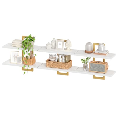 HOOBRO Floating Shelves, 15 Inch Wall Shelf Set of 3, Wall Mounted Storage Shelves 2-Tier, Hanging Bathroom Shelves, for Living Room, Bedroom, Bathroom, Kitchen, White and Gold DW32BJP301 - color: White + Gold