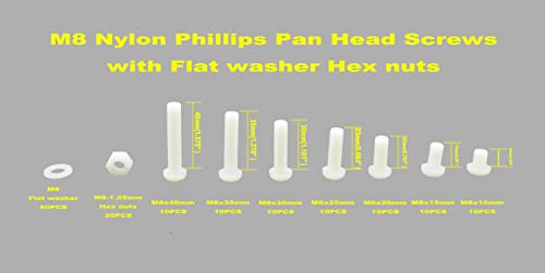 Metric M8 Phillips Pan Head Nylon Screws Nuts Flat Washers Assortment Kit, Screws Length:10mm to 40mm(White) - size: M8