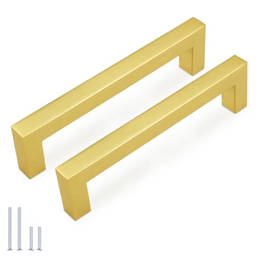 KNOBWELL 6Pack 5 Inch Brushed Gold Cabinet Pulls Stainless Steel Kitchen Cabinet Handles Square Drawer Pulls Modern Cabinet Hardware Handles，128mm Hole Centers - color: Brushed Gold, size: Hole Center:5 inch(128mm)