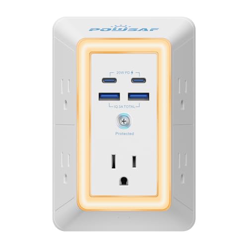 Multi Plug Outlet Surge Protector - POWSAF 5 Outlet Extender with 4 USB Ports(2 USB-C PD 20W) and Night Light, 3-Sided Power Strip with Adapter Spaced Outlets - ETL, White