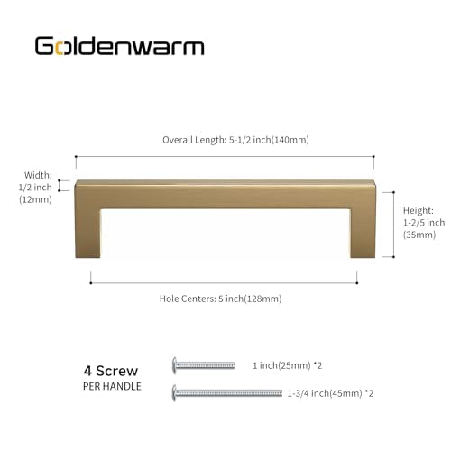 Goldenwarm 25 Pack 5 Inch Champagne Bronze Cabinet Pulls Square Handles - color: Champagne Bronze, size: 5in Hole Centers