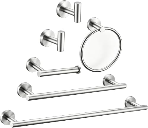 6 Pieces Brushed Nickel Bathroom Hardware Accessories Set Hand Towel Ring 16&23.6 inch Round Towel Bar Silver Toilet Paper Holder Towel Hooks 2 Pieces SUS 304 Stainless Steel,Heavy Duty,Wall Mounted - color: Brushed Nickel, size: 6 piece 24"