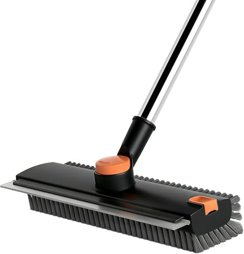 Floor Scrub Brush with Squeegee Long Handle 3 in 1 tub Brush 52'' 2026 Upgraded Multi-Functional Stiff Bristle Cleaning Scrub Brush Rotating Tile Brush for Cleaning Bathroom Patio, Pool, Garage - color: Black