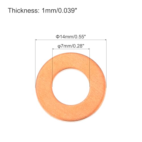 MECCANIXITY 52 Pcs Flat Copper Washers, 7x14x1mm Copper Upgraded Flat Metric Sealing Crush Ring Washers for Hydraulic Fittings Screw Bolt Nut Electronic Repair - size: 7x14x1mm