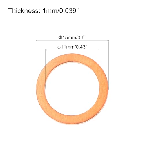 MECCANIXITY 52 Pcs Flat Copper Washers, 11x15x1mm Copper Upgraded Flat Metric Sealing Crush Ring Washers for Hydraulic Fittings Screw Bolt Nut Electronic Repair - size: 11x15x1mm