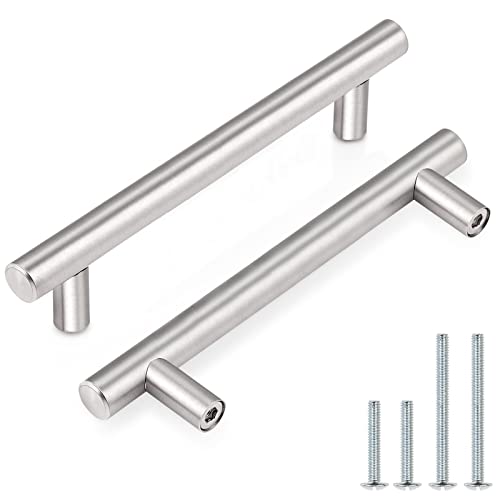 Probrico 30 Pack|4 Inch Hole Centers Satin Nickel Cabinet Handles, Euro Style Drawer Pulls, Stainless Steel Modern Round T Bar Kitchen Cabinet Pulls, Cabinet Hardware for Bathroom Bedroom - color: Brushed Nickel, size: hole center 4"