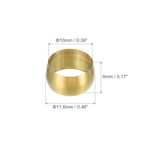 PATIKIL 10mm Tube OD Brass Compression Sleeves Ferrules, 50 Pack Brass Ferrule Fitting Brass Compression Fitting Assortment Kit for Air Water Gas Pipe - size: 10mm