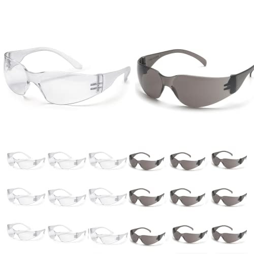 ATERET Protective Polycarbonate Safety Glasses White For Nurses Mechanic Electrician Saftey Glasses Goggles Anti Fog Eye Goggles Safety Protection (12 Pairs, Grey&Clear) - color: Combo (Clear&grey), size: 12 pairs