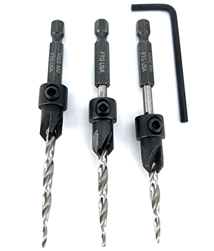FTG USA #8 (11/64") Wood Countersink Drill Bit 3-Pc Set with Hex Key - size: #8, style: 3 Pc w/o Depth Stop
