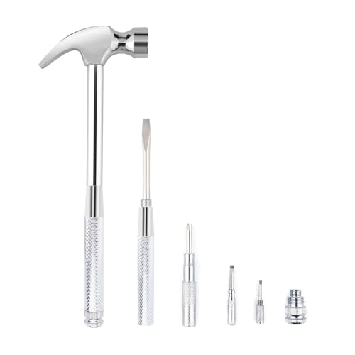 Mini Metal Hammer 6 in 1 with Slotted/Flat Head Phillips Screwdriver Claw Hammer Manual, Portable Multifunction Tool Hammer (Silver) - color: Silver
