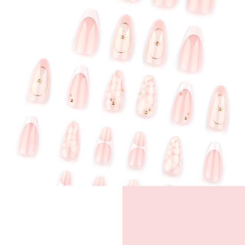 Mivota French Press On Nails Almond Medium, Fall Fake Nails Adorned with White Petal Accents and 3D Gold Lines Design, Glossy Gel Finish Acrylic Nails, Reusable Glue On Nails for Women, 24Pcs - color: 45-Smudged White with Gold Trim
