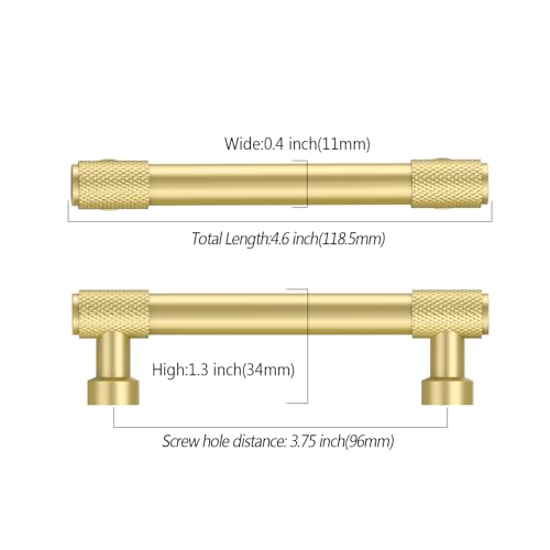 Amerdeco 10 Pack Brushed Gold Knurled Cabinet Pulls 3.75 Inch(96mm) Hole Center Kitchen Cabinet Handles Drawer Pulls Cabinet Hardware ZH0034 - color: Brushed Gold, size: 3.75"/96mm Hole Center