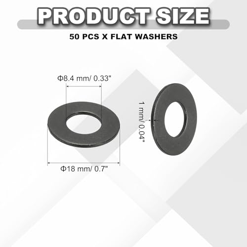 PATIKIL M8 Flat Washers 5/16" ID x 11/16" OD, 50 Pcs 304 Stainless Steel Metal Metric Washers Black Electroplated Flat Gasket Spacer for Screws and Bolts, Black - size: M8 x5/16"ID x 11/16"OD