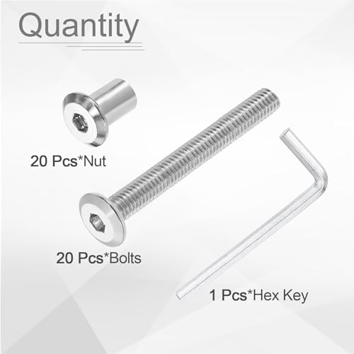 HARFINGTON 20 Set M6x50mm Hex Drive Socket Cap Bolt and M6x12mm Nuts with M4 Hex Wrench, Furniture Connector Bolts and Screws for Furniture Countersunk Belt, Silver - size: M6x50mm, M6x12mm