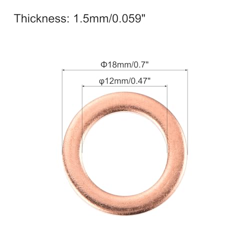 MECCANIXITY 52 Pcs Flat Copper Washers, 12x18x1.5mm Copper Upgraded Flat Metric Sealing Crush Ring Washers for Hydraulic Fittings Screw Bolt Nut Electronic Repair - size: 12x18x1.5mm