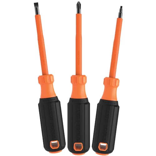 Klein Tools 85073INS Insulated Screwdriver Set, Made in USA, features 1000V Phillips, Slotted and Square Tips, Cushion Grip Handles, 3-Piece - style: Insulated Set
