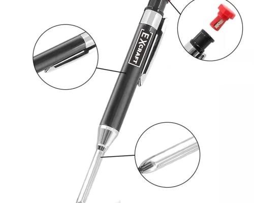 EXcraft Metal Mechanical Carpenter Pencil with 6 Refills Deep Hole with Built-in Sharpener For Architect Construction Carpentry Making Scribe Tools
