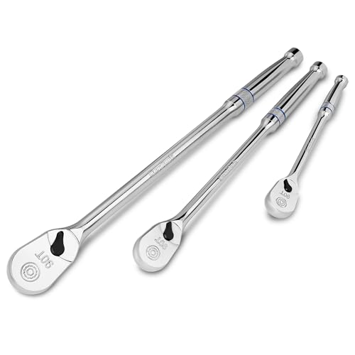 DURATECH 3-Piece Extra Long Drive Ratchet Handle, 90-Tooth Ratchet Wrench - size: 1/4", 3/8", 1/2" Combo Kit