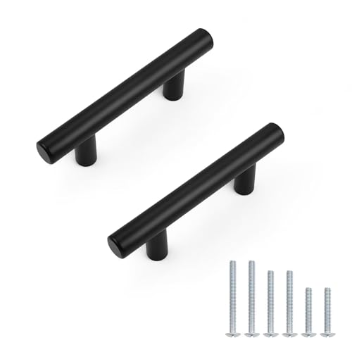 Probrico 30 Pack Holes Centers(64mm) 2.5inch Flat Black Kitchen Cabinet Pulls, Stainless Steel Dresser Drawer Handles, 4inch Length Modern T Bar Pull Handle for Bedroom - size: Center to Center: 2.5 inch