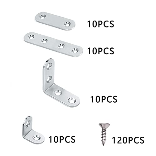 Mending Plate 40 PCS Stainless Steel Straight Joining Brace and Corner Bracket with Screws 2 in 3 in Flat Repairing Fixing Plates with 0.8 in 1.6 in L Shelf Bracket Corner Brace - style: Silver Straight & Corner with Screws