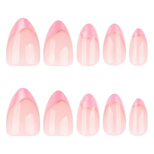 Nude+Pink Cat Eye French Tip Press on Nails Short Almond, with Gold Line French Fake Nails, Reusable Glue-On Stick Nails for Women. Stylish Design with Suitable for Weddings Parties on Nails - color: 4077-Pink Cat Eye Tip, size: 24 Pieces (Pack of 1)