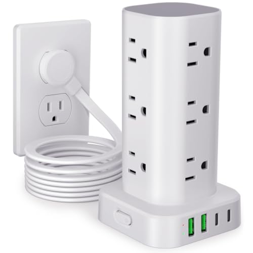 10FT Power Strip Tower Surge Protector, 12 Wide Spaced Outlets, 4 USB - color: White, size: 10FT without Wireless Charging