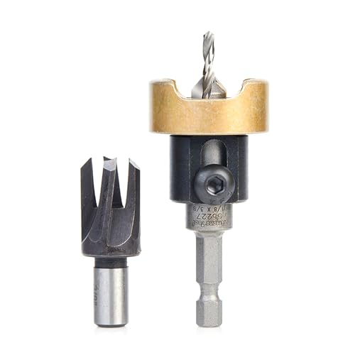 Amana Tool Woodworking Countersink Set, AMS-307, 2-Piece | Carbide Tipped with Adjustable Depth Stop and No-Thrust, No Marring Ball Bearing, with Plug Cutter Pack - style: AMS-307, 2-Pc