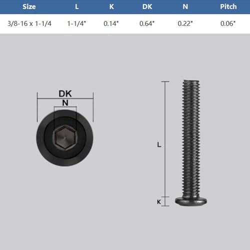 20Pcs 3/8-16 Bolt, 3/8-16 x 1-1/4" Flat Head Hex Socket Cap Screws, 304 Stainless Steel 18-8 Furniture Bolts, Black Zinc Finish, Full Thread (with Hex Spanner) - size: 3/8x1-1/4