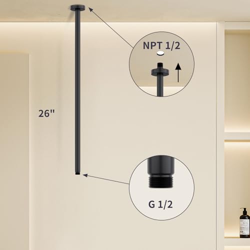 Matte Black 26 Inches Ceiling Mount Round Shower Arm With Flange Straight Extender Extension Pipe Replacement Rain Shower Head Straight For Fixed - color: Black