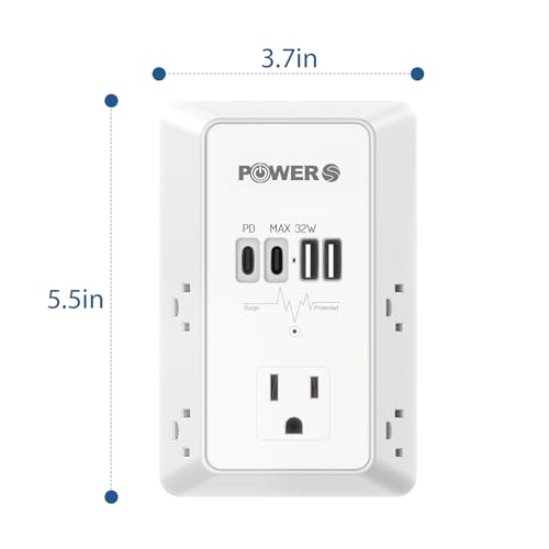 20W PD Fast Charging Wall Outlet with USB Ports (2C2A), Electrical Outlet Extender, Surge Protector, Wall Plug Adapter for Multiple Devices, Wall Socket Expander - size: PD-2C2A