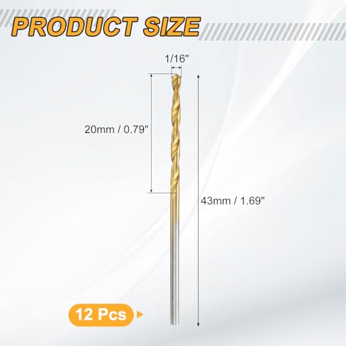 uxcell 12pcs Titanium Twist Drill Bit 1/16" Drilling Dia High Speed Steel Drills for Hardened Metal, Stainless Steel, Cast Iron, Wood, Plastic - size: 1/16 inch