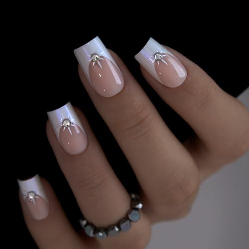 CurvLife Long French Tip Press On Nails, Pearl Rhinestones, Soft Gel - color: Pearl French Rhinestones