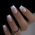 CurvLife Long French Tip Press On Nails, Pearl Rhinestones, Soft Gel - color: Pearl French Rhinestones