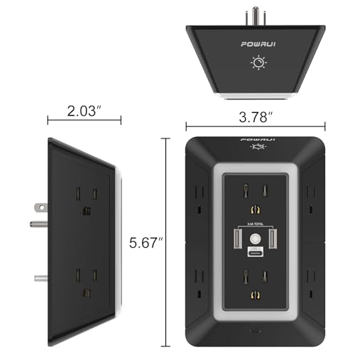 Multi Plug Wall Outlet Night Light, POWRUI 6 Outlet Extender & 3 USB Ports - color: Black(6Outlets/Night Light), size: 2U1C