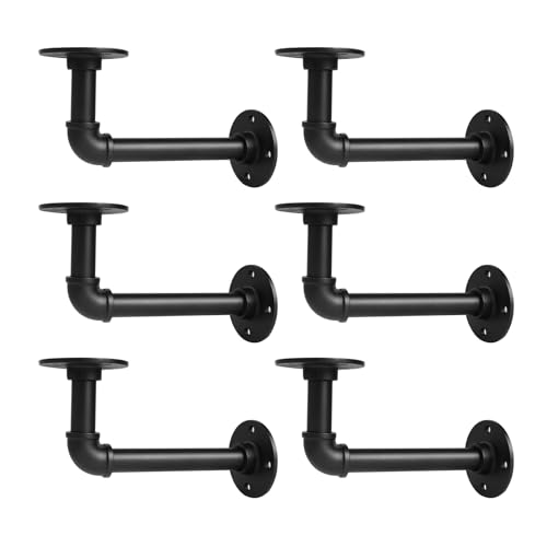 Storystore Industrial Pipe Shelf Brackets, 6 Pack Iron L-Shaped Shelving Brackets for 7-14 inches Board, Heavy Duty Metal Shelving Bracket - Black DIY Pipe Shelves (6.5 x 3.5 Inch) - size: 6 Pcs ( for board depth 7"-14")